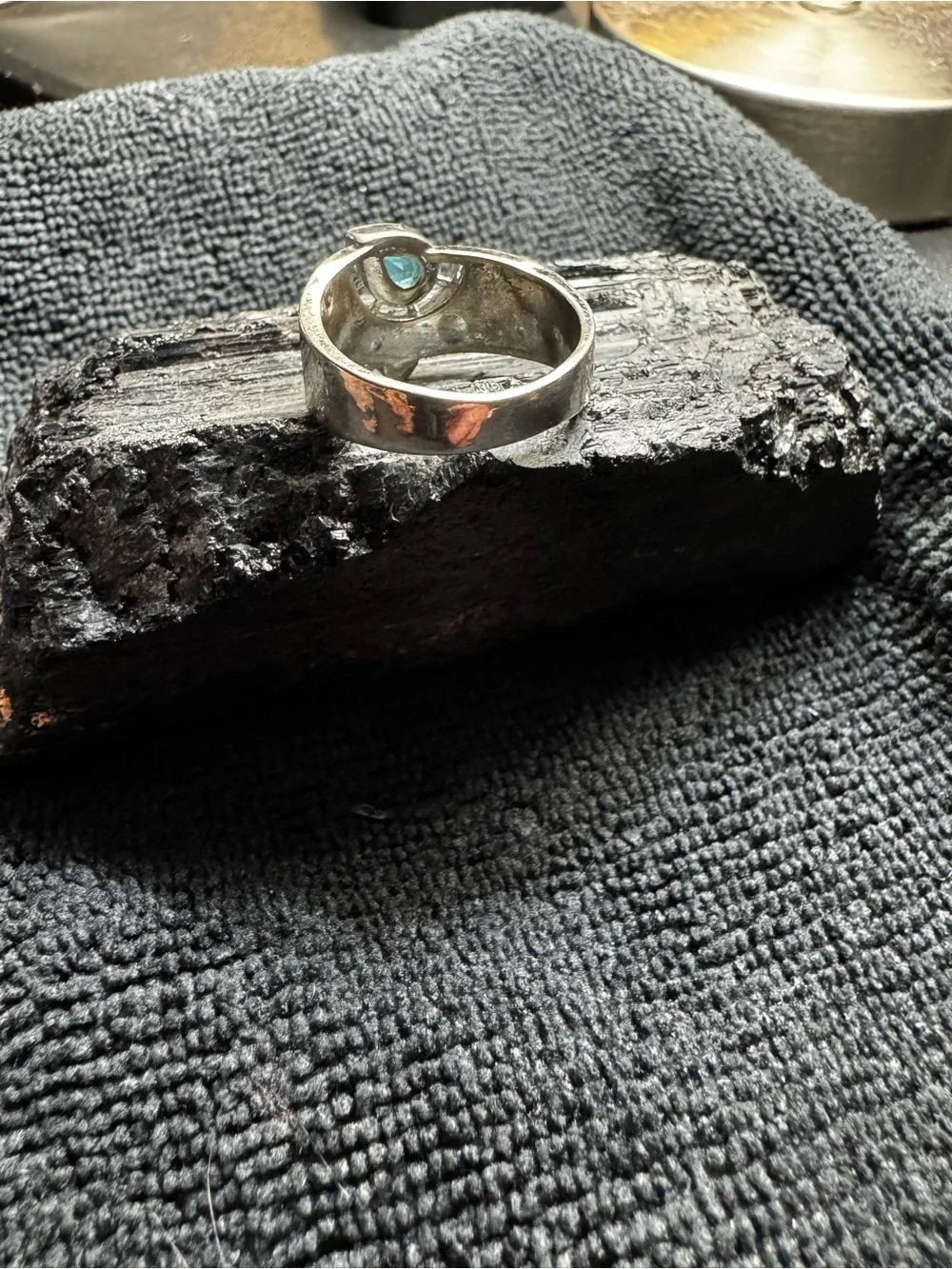 Vintage Artisan Sterling Silver Textured Wide Band Blue Topaz Teardrop Ring